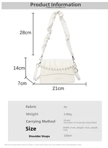 Detailed specs of white pleated handbag with pearl chain, 21x14x7cm size and PU leather