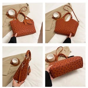 Detail views of floral pattern tote bag and small pouch from four structural angles