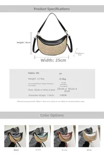 Detailed view of crescent woven bag dimensions and four available PU colors
