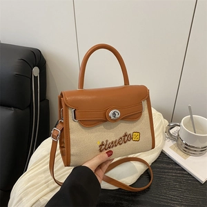 Patchwork Crossbody Bag PU Leather And Canvas Letter Embroidery Rotary Lock Small Square Handbag For Women Korean Style