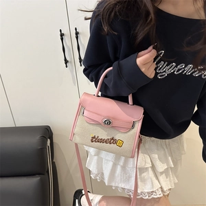 Pink leather and beige canvas Kelly bag with 'timeto' embroidery and bear charm