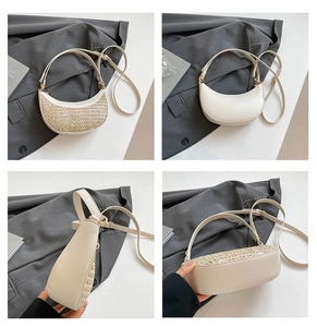 Multi-angle views of cream crescent bag featuring woven texture and gold hardware details