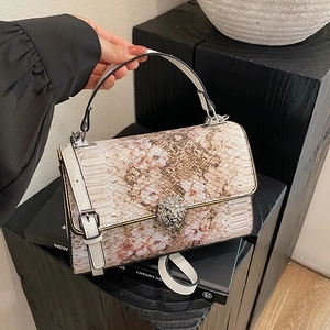 Borsa Tracolla Retrò Donna Pelle PU Motivo Serpente Chiusura Testa Di Leone In Metallo Elegante Borsa A Mano Patta Moda