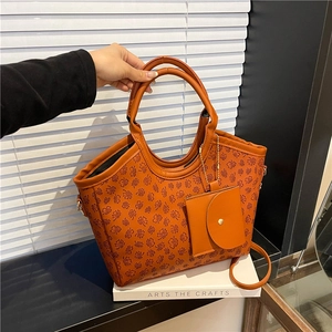 Women PU Leather Tote Bag Floral Embossed Handbag With Mini Pendant Coin Purse Shoulder Crossbody Bag Casual Fashion