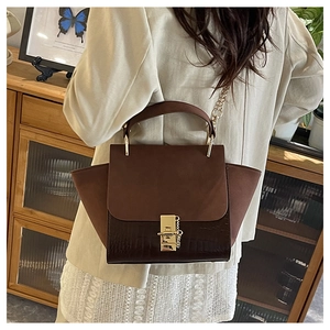 Detail of vintage matte patchwork wing bag featuring brown croc-embossed leather and lock