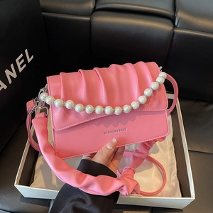Women Stylish Pleated Ruched Handbag With Artificial Pearl Beaded Chain Fashion Small Square Crossbody Bag PU Leather Shoulder Bag