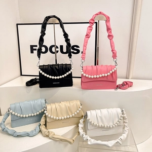 Chic pleated crossbody bag with pearl chain in black, pink, blue, beige, and white