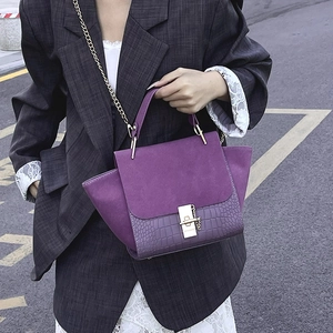 Vintage purple suede and faux croc leather wing bag with gold lock for women