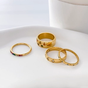 Stainless Steel Band Rings For Women Colorful Rainbow Zircon Star Moon Engraved Hexagram Boho Fashion Jewelry