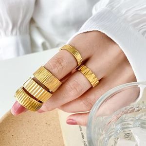 Titanium Steel 18K Gold Plated Rings For Women Wide Pleated Band Gear Tire Texture Geometric Minimalist Punk Jewelry