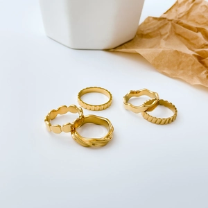 Set of 5 minimalist 18K gold plated titanium steel rings with geometric textures