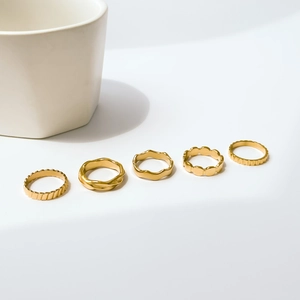Minimalist Band Rings Titanium Steel 18K Gold Plated Fish Scale Textured Wave Twist Gear Geometric Jewelry For Women