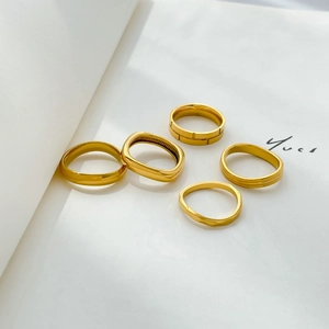 5-piece minimalist 18k gold plated titanium ring set with smooth and geometric textures
