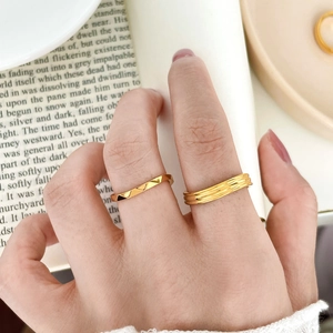 Polished 18k gold plated geometric faceted and triple layer stainless steel rings