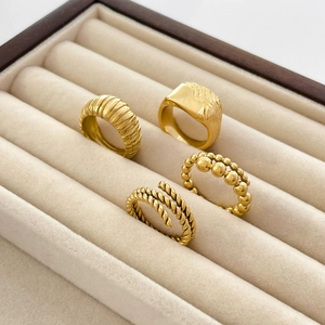 Vintage Gold Plated Titanium Steel Rings Wave Pattern Twisted Rope Gradient Beads Stackable Jewelry For Women