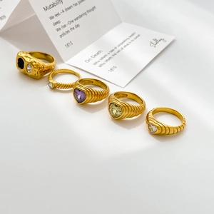 Vintage 18K Gold Plated Stainless Steel Heart Zirconia Rings For Women Croissant Ribbed Texture Geometric Finger Ring Jewelry