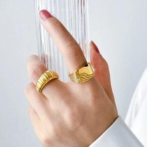 Layered gold wave ring set with vintage croissant and fluid geometric designs for women