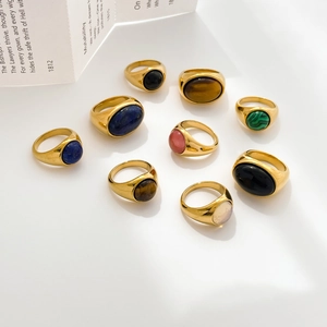 Vintage Oval Round Gemstone Rings Stainless Steel 18K Gold Plated Black Agate Tiger Eye Turquoise Retro Minimalist Women