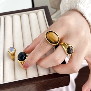 Vintage 18K gold plated titanium rings with oval black agate and turquoise gemstones