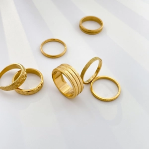 Detailed collection of 18K gold plated titanium rings with matte sandblast and star engravings