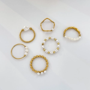 6-piece vintage freshwater pearl ring set in 18K gold plated titanium steel finish
