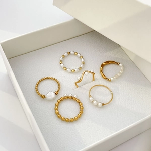 Freshwater Pearl Titanium Steel Ring Gold Plated Round Beads Minimalist Wave French Style Elegant Jewelry For Women