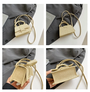 Detailed views of light beige woven mini crossbody bag from four different angles
