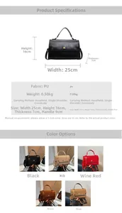 Detailed size specifications for a retro PU leather crossbody bag with color selection guide