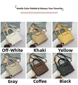 Close-up of bucket bags in six colors with litchi texture and metal rivets