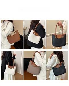 Detailed views of casual leather tote bag in brown, beige, and black for women