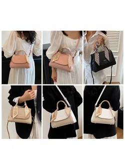 Collage of four stylish handbags with silk scarves on handles in multiple color options