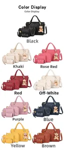 Detail showing 4-piece handbag set with teddy charm in multiple color variations