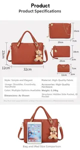 Size guide for the 4-piece embossed handbag set showing dimensions and iPad size comparison