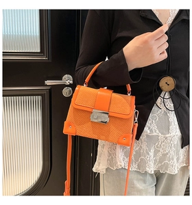 Macro shot of orange leather box bag featuring snake texture and silver mechanical lock