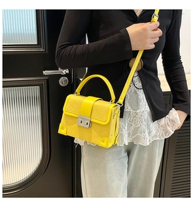 Macro shot of yellow snakeskin pattern handbag with silver metal corners and clasp