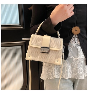 Close-up of cream box bag with animal texture, silver metal clasp and wooden charm