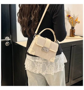 Close-up of cream snakeskin embossed box bag featuring silver metallic lock and rivets