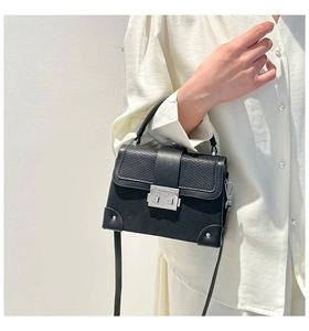 Close-up of black box bag showing snake-embossed texture and silver metal clasp