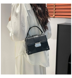 Close-up of black crossbody box bag featuring snakeskin texture and silver metal lock buckle