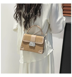 Detail of a vintage-style brown snake pattern crossbody bag with metallic clasp and top handle