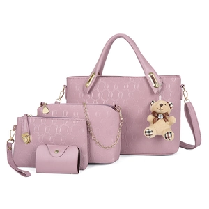 Women Matching Bags Embossed PU Leather Tote Crossbody Handbag Clutch And Card Holder With Teddy Bear Charm