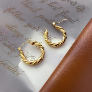 Classic 18K gold plated titanium steel hoop earrings with twisted rope texture