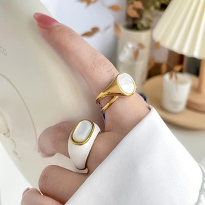 French vintage gold rings with white mother-of-pearl and enamel floral design for women