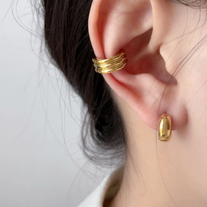 Minimalist 18K gold plated stainless steel layered ear cuff and rounded stud earring set