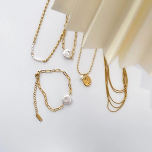 Multi Layer Necklace Freshwater Pearl Pendant Bracelet Titanium Steel Gold Plated French Vintage Jewelry For Women