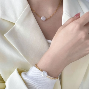 Baroque pearl necklace and bracelet set in 18K gold plated stainless steel paperclip chain