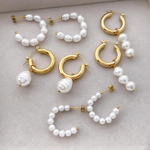 C-Shape Hoop Earrings Stainless Steel 18K Gold Plated Artificial Pearls Baroque Elegant Fashion For Women
