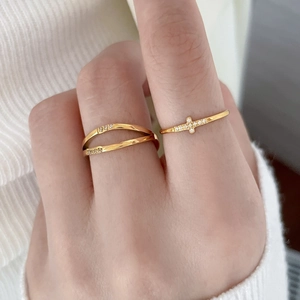 Nahaufnahme von goldenem Doppelring mit Kreuz und Zirkonia auf der Hand des Modells