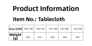 Size chart for modern oil-proof tablecloth showing dimensions and weight specifications