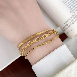 Three-piece layered gold titanium steel bracelets with snake bone and link chain styles